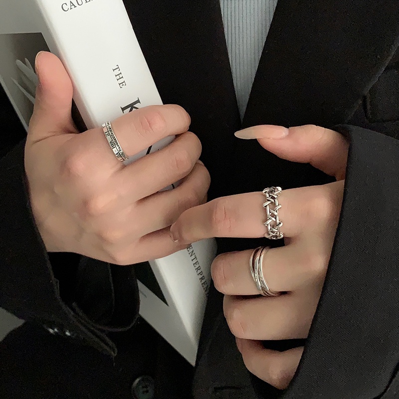 We Flower 3PCs / Set Cincin Model Terbuka Desain Angka Romawi Warna Silver Gaya Etnik Vintage Untuk Unisex