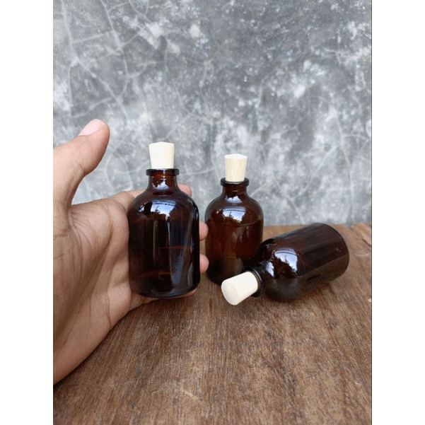 Botol Kaca VIAL 50ml AMBER / COKLAT 50ml tutup kayu gabus / plastik / karet / segel / botol diffuser