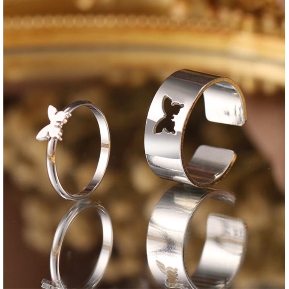 2Pcs Cincin Hip Hop Couple  R04 HOLLOW BUTTERFLY Punk Metal Ring Wanita Open Cuff Korea Fashion Style Aksesoris Couple Pasangan Pria Wanita HipHop