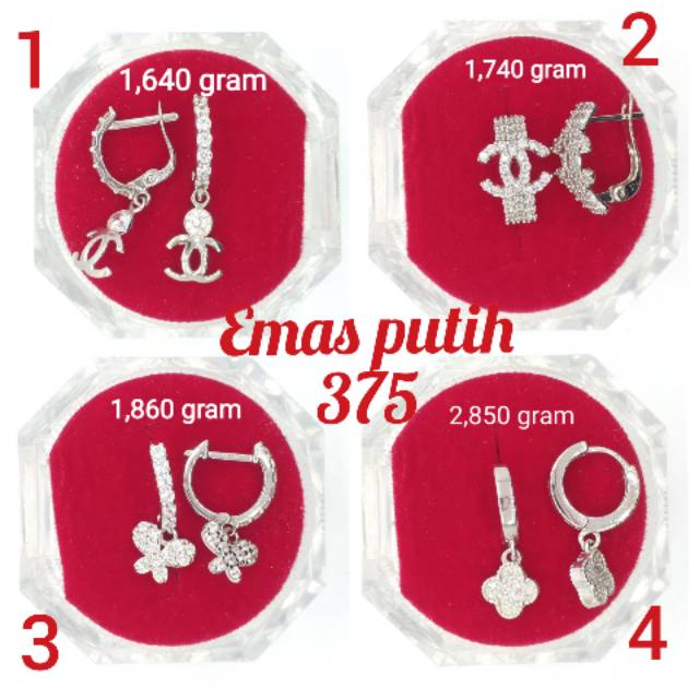 Anting emas putih bermata model channel, kupu", bunga LV EMAS ASLI kadar 375