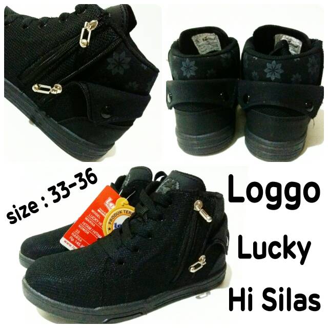 Sepatu anak junior full black Loggo Lucky Hi silas sepatu sekolah terbaru dan termurah