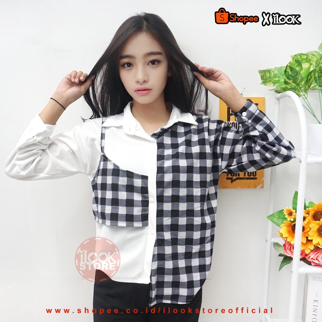 ilook | Lucky Top Blouse Weona | Chess Playfull Assymetrical Top | Blouse Wanita Bahan Creap | Blouse Weona | Motif Kotak