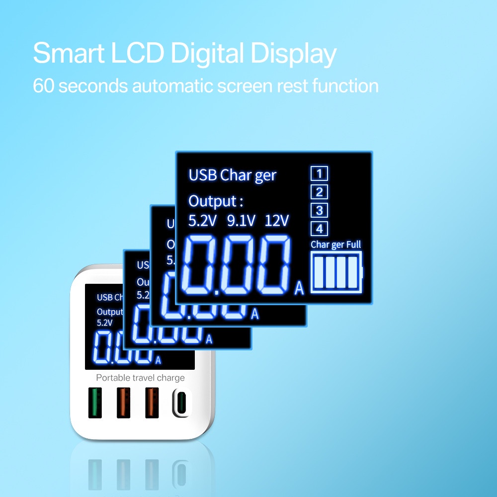 Qc3.0 Charger 4 Port USB Tipe-C Fast Charging 40W Display LCD Untuk Iphone 14 13 Android