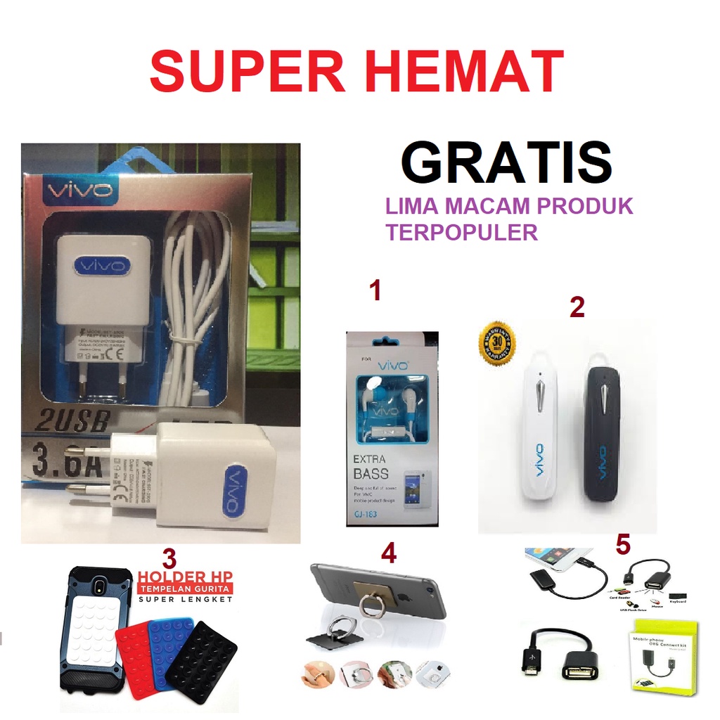 SUPER HEMAT Travel Charger Original Untuk VIVO KILAT 3.6A GRATIS HEADSET VIVO EXTRA BASS+HEADSET BLU
