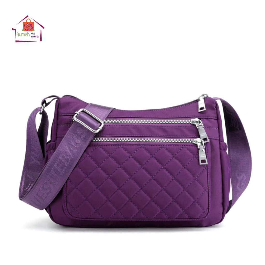 Tas Wanita Crossbody Tahan Air Nilon Kotak-kotak Messenger Bahu Tas Kasual Top-Handle Wanita