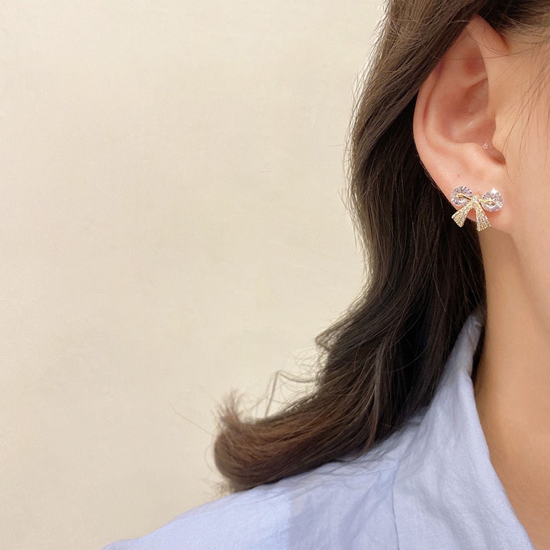 Anting Stud Zircon Bentuk Pita Untuk Perhiasan Wanita