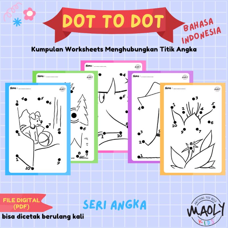 Dot to Dot Belajar Berhitung Mengenal Angka Menggambar Mewarnai Worksheet Lembar Kerja Anak PAUD/TK Printable