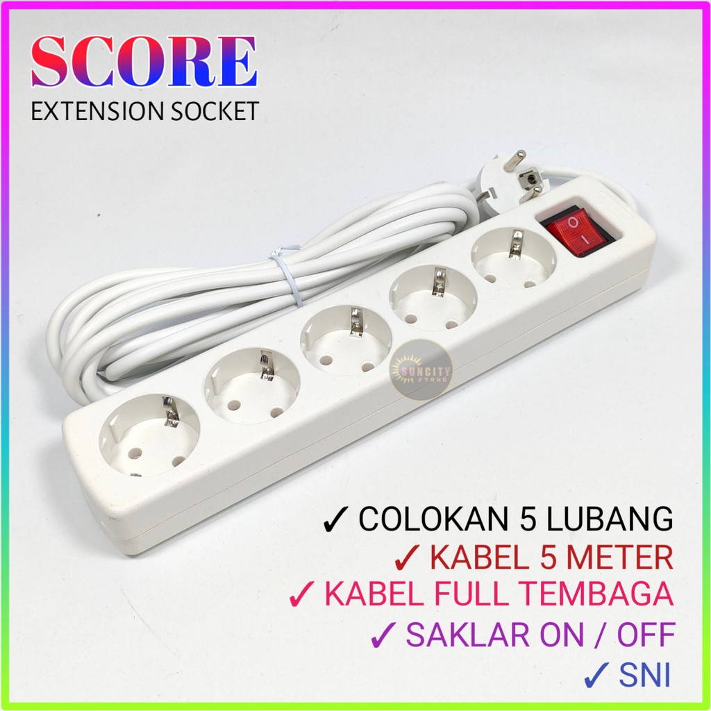 Score Stop Kontak 5 Lubang + Kabel 1.5M , 3M , 5M / Extension Socket Dengan Saklar ON/OFF