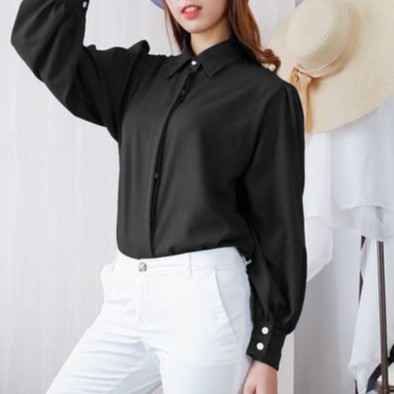 WANITA FASHION CLARISA BUTTON TOP BAJU ATASAN KEMEJA WANITA BLOUSE-black