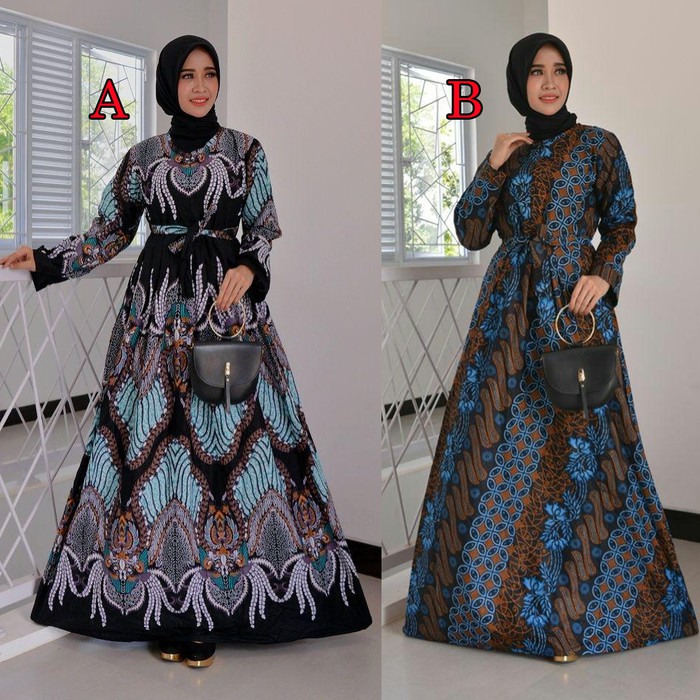 Gamis Batik Wanita Long Dress Batik Hijau Tosca - Motif A