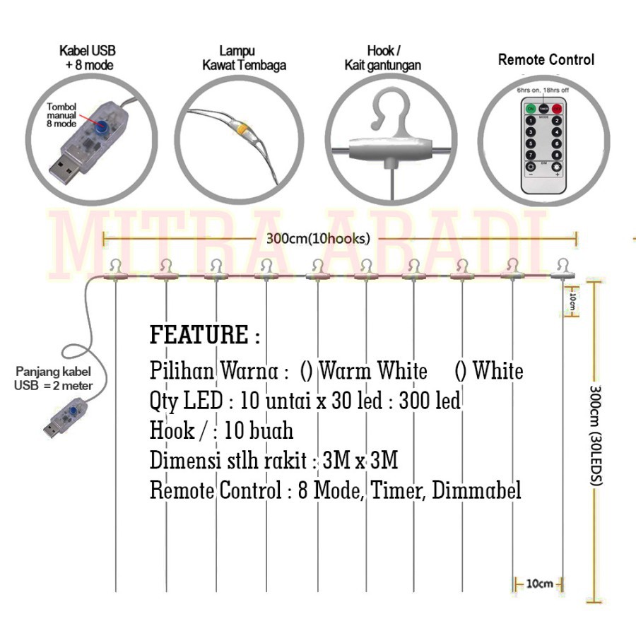 Lampu Natal Tirai Kawat 300 LED 3M x 3M + KABEL USB + HOOK + REMOTE