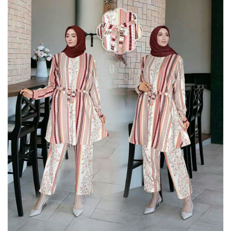 Setcel Tunik Celana Baju Setelan Tunik/Busui Terbaru/ Setelan Celana Cantik/Jumbo Motif D Mocca