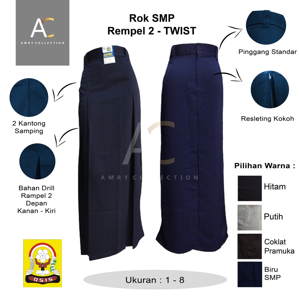 Rok Rempel 2 / Belah 2 SMP Warna Biru Bahan Licin Rok Span Panjang