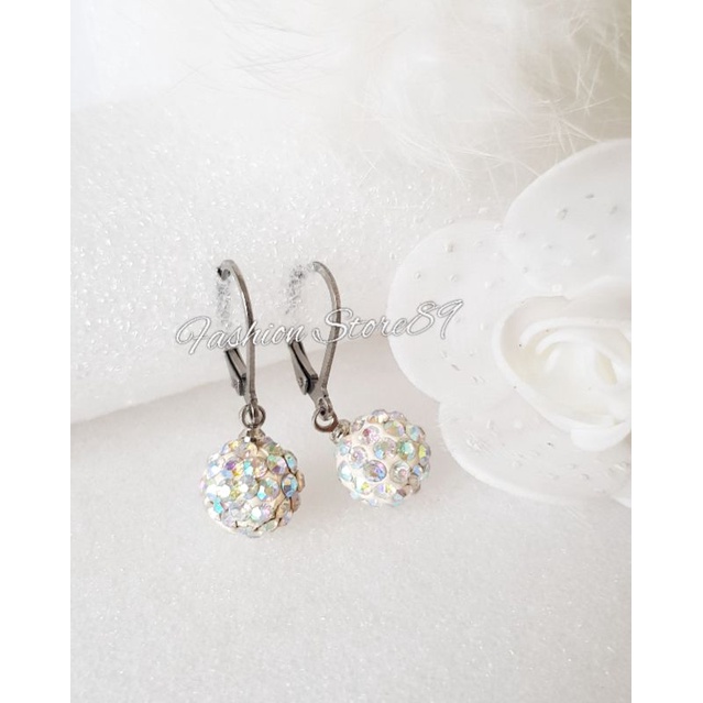 Anting Bola Permata Kristal Titanium Silver Impor Anting Titanium bola Kristal