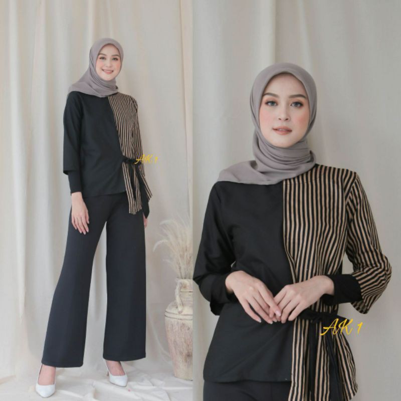 Batik wanita ASJ SA HRB026 Kenongo Kemeja Tosca Pendek-1. hitam garis