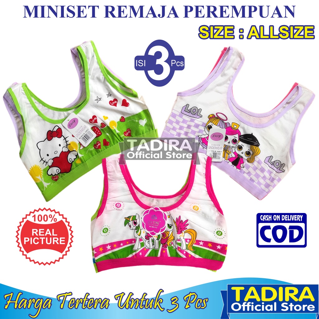 3 Pcs Miniset Katun Putih Anak Remaja Perempuan Motif Gambar Karakter SD SMP TADIRA