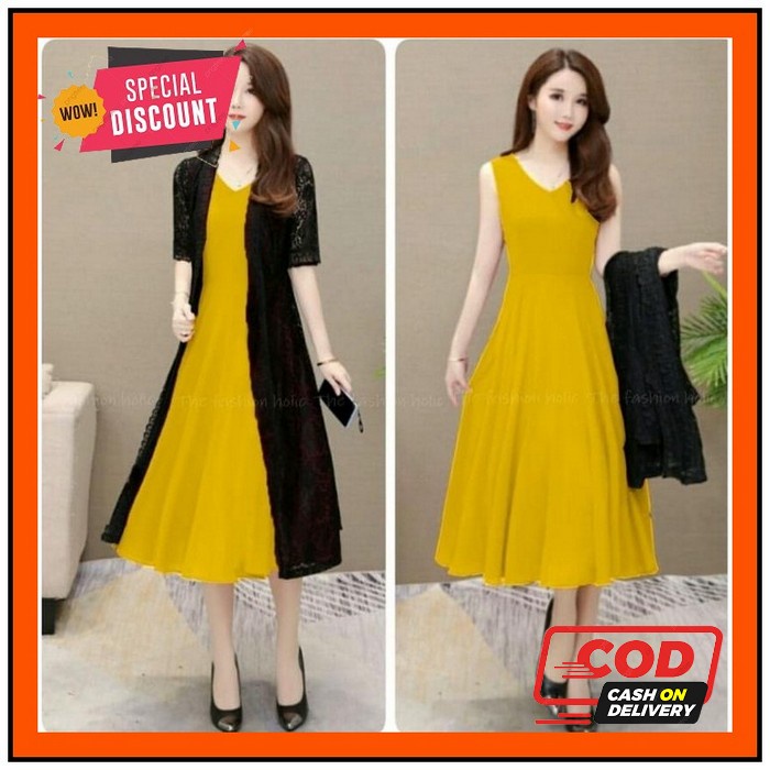 One Set Wanita Import Premium Bangkok Set Pleats Plisket Setela G Ea81 [2In1 Set Lovita Mustard Ve