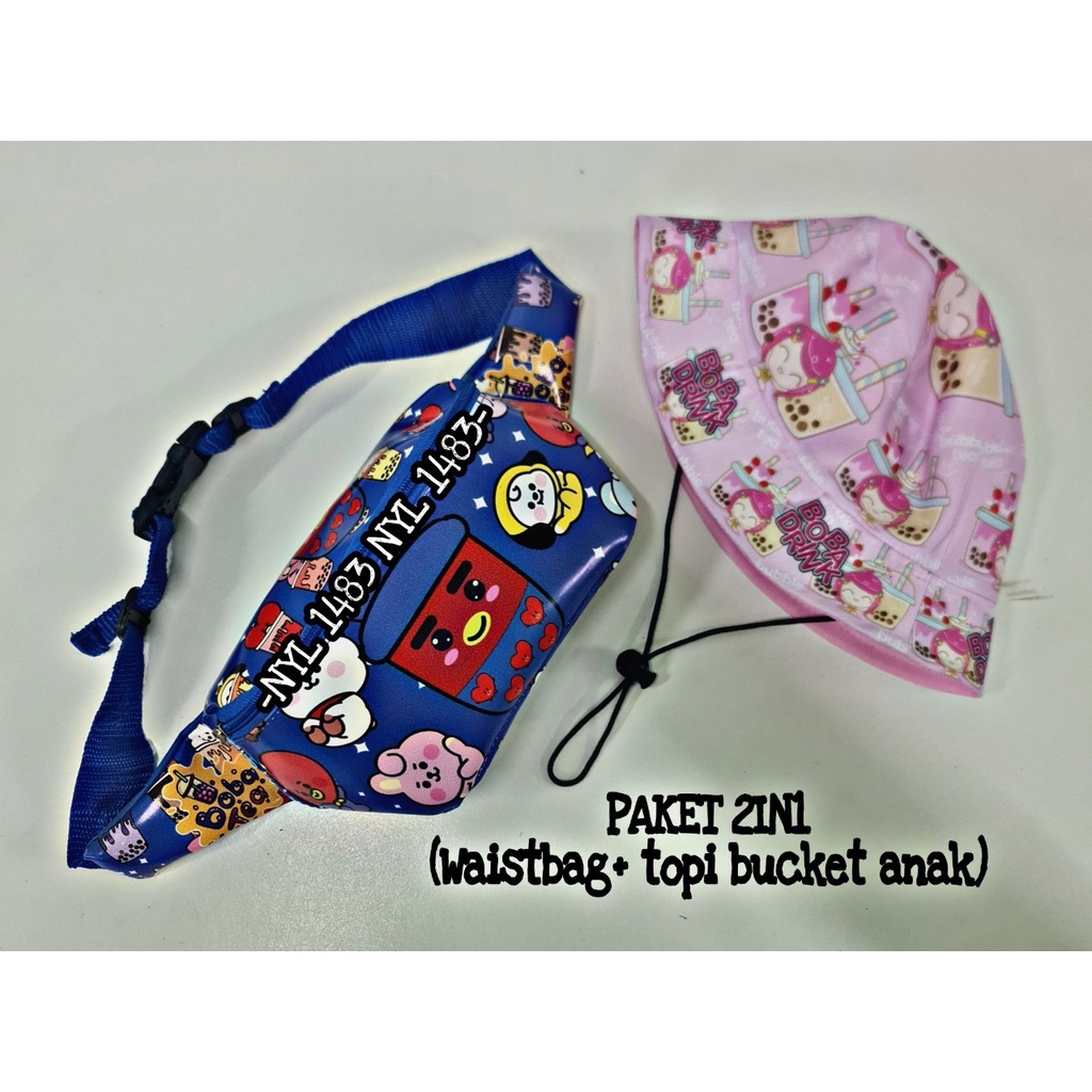 Waistbag Anak Karakter 2in1 - Tas + Topi Bucket