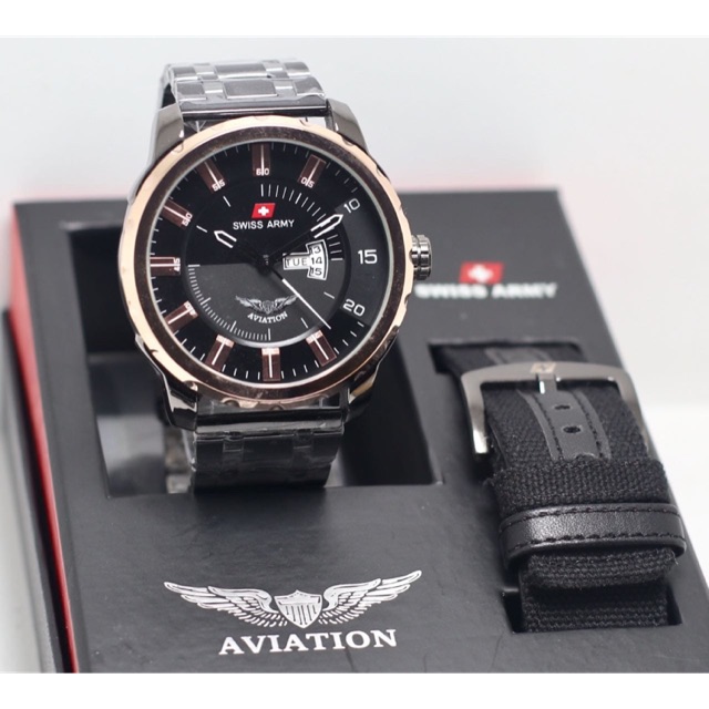 Jam tangan swissarmyy aviation paket free tali kanvas