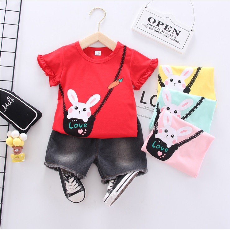 STC 10- Setelan kaos T-shirt dan celana pendek anak /baju setelan anak /pakaian anak perempuan motif kelinci
