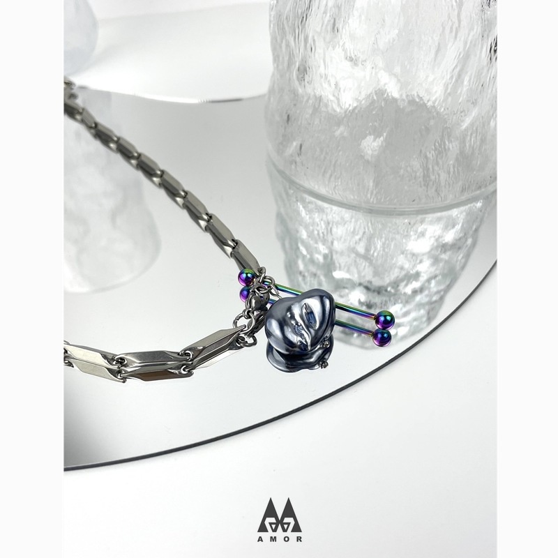 Kalung Liontin Mutiara Biru Bahan stainless steel Gaya hip-hop