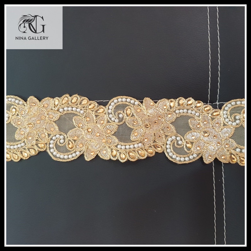 Aksesoris Pita Renda India model bunga isi permata mewah warna Gold