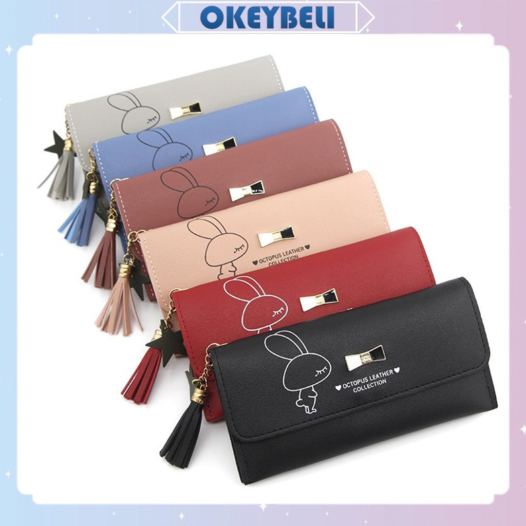•OKEY BELI•DP087 Dompet Panjang Bahan Kulit Motif Print Kelinci dengan Hiasan Pita cod