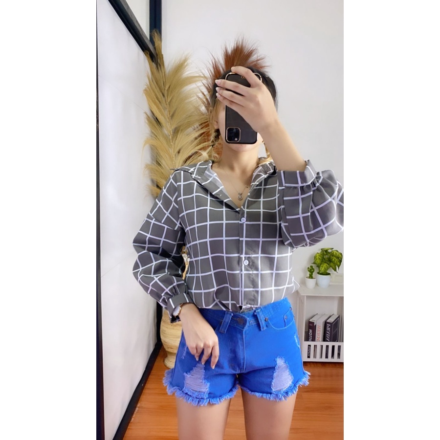 RX Fashion - Kemeja Oversize Oslin Anggita / Kemeja Osaka -BN-ABU GARIS PUTIH