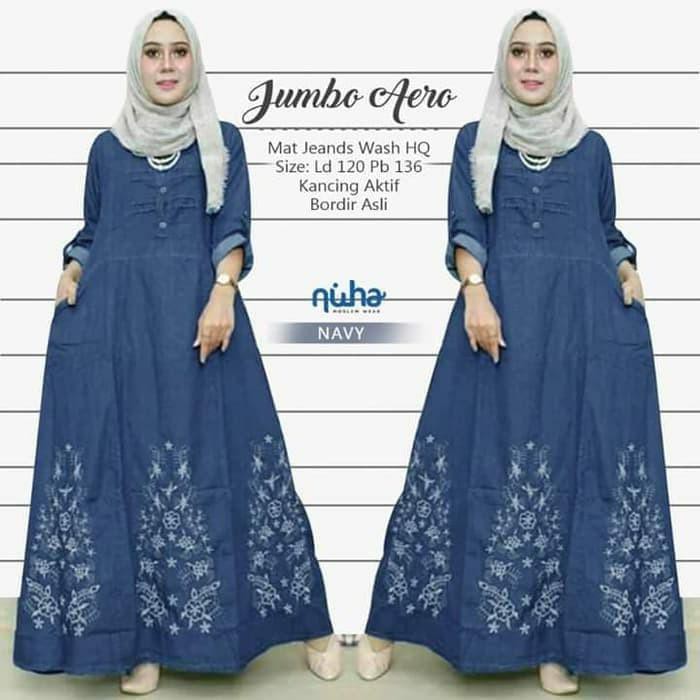 D6 New Jumbo Aero Maxi Gamis Longdress Jeans Bordir Ori Busui Murah Modis - Hitam