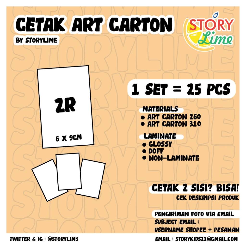 Cetak Art Carton 260/310 gsm (Ukuran 2R, Photocard 55x85, A5, A4, Bookmark, Custom Ukuran)