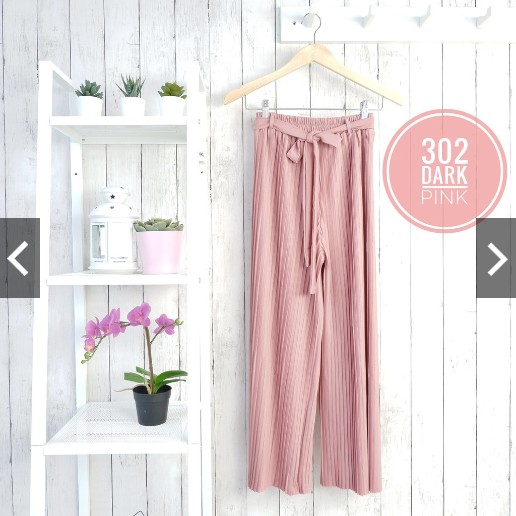 302 KULOT PLISKET PANJANG TALI PINGGANG MODIS FASHION MUSLIM BAWAHAN CELANA POLOS MURAH PLEATEDPANTS-Darkpink