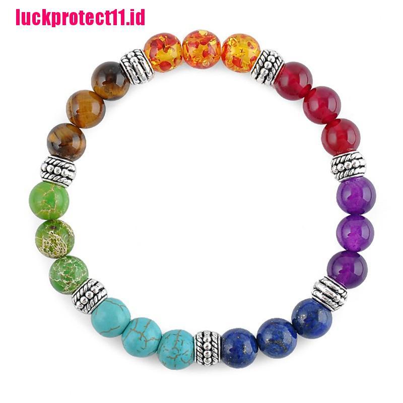 (LUCK) 1pc Gelang Tangan Wanita Manik Batu Lava Rock Chakra Reiki 7 Batu Permata