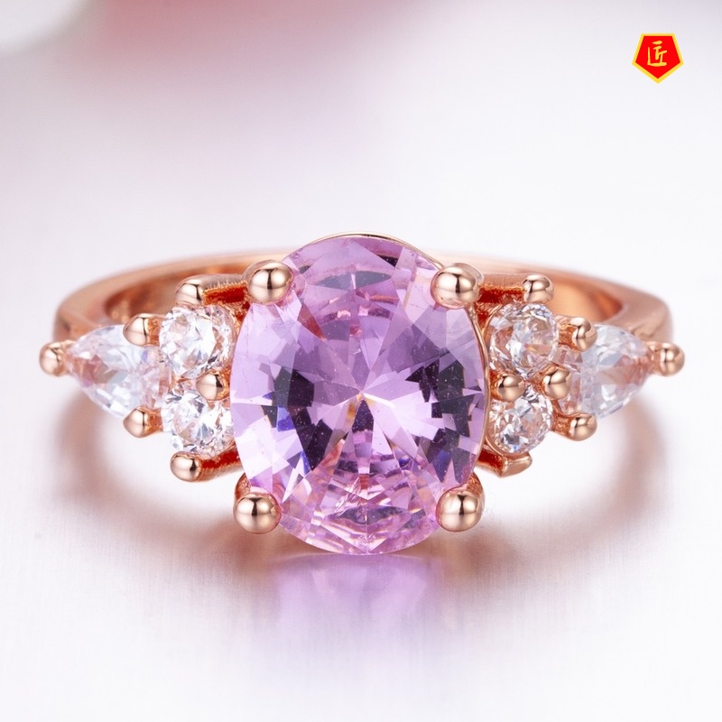 [Ready Stock]Pink Crystal Diamond Ring Fashionable and Elegant