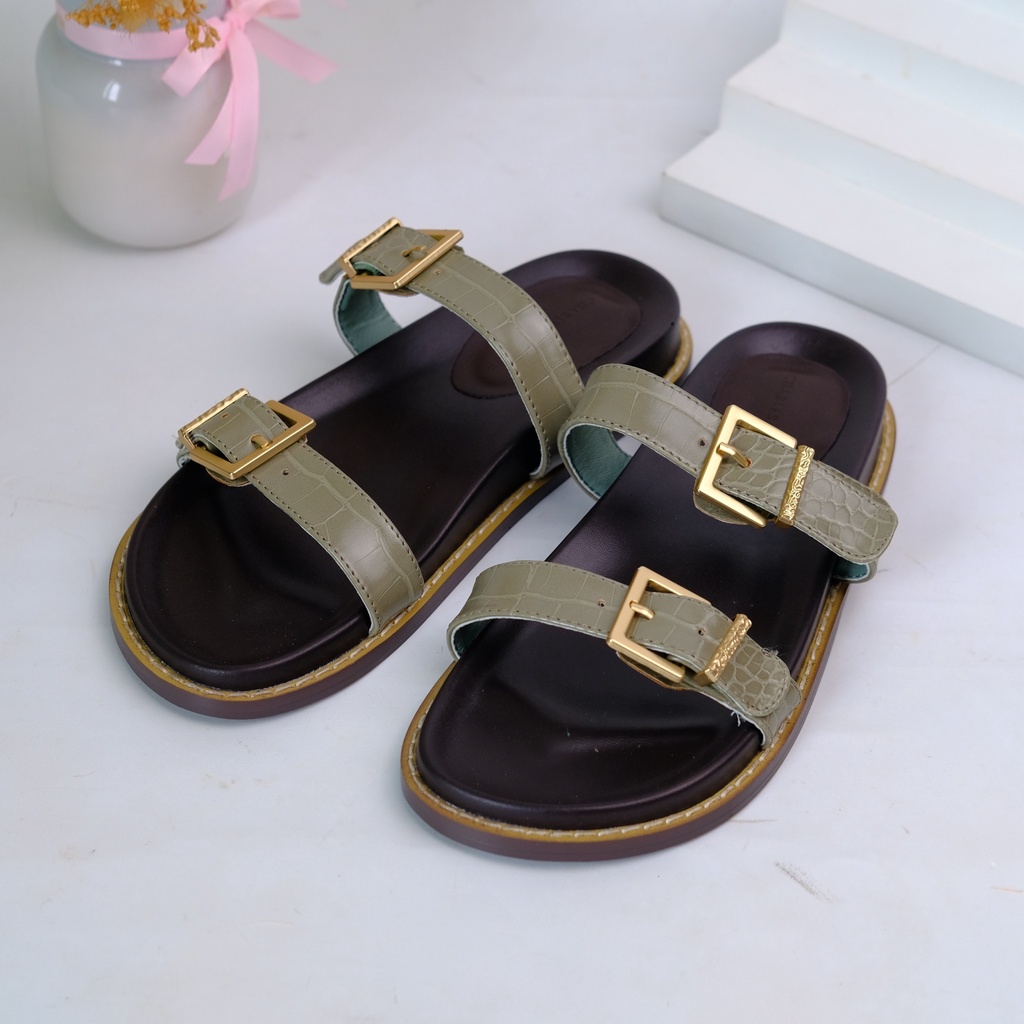 [7.7 Boombastis Sale⚡] - SANDAL WANITA CKS426 CK DOUBLE BUCKLE FLAT SANDAL PREMIUM IMPORT