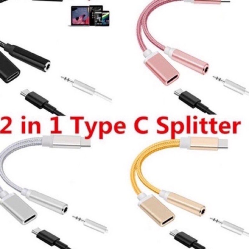 Kabel Splitter 2in1 USB Tipe-C Untuk Jack 3.5 Audio AUX Jack+Charger C tali sepatu