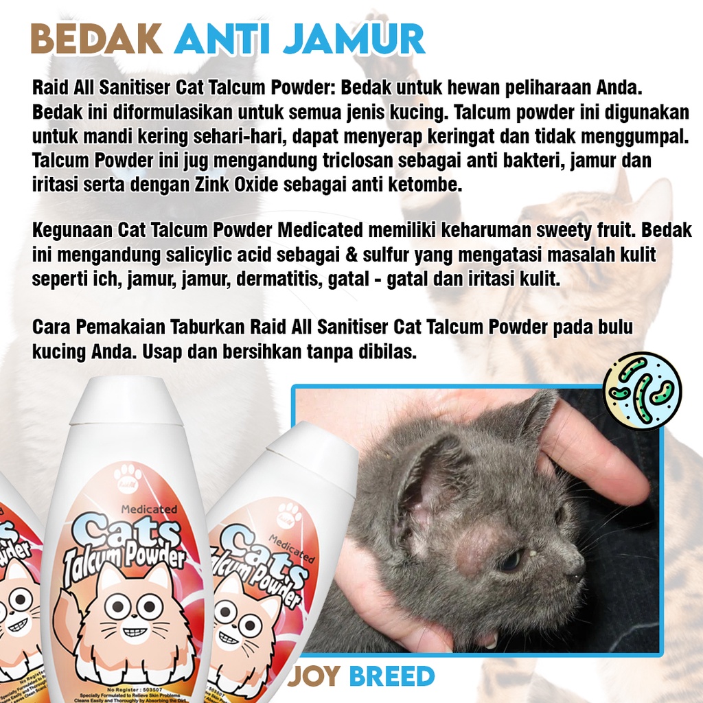 BEDAK KUCING ANTI JAMUR RAID ALL MEDICATED TALCUM POWDER 100 GRAM | JOY BREED OFFICIAL