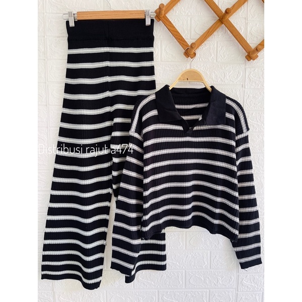 ONESET SETELAN SWEATER RAJUT BAYONETA STRIP KULOT KNITS WANITA