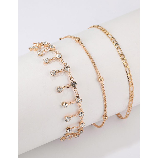 LRC Gelang Tangan Fashion Gold Diamond Tassel Round 3 Layer Alloy Anklet F67390