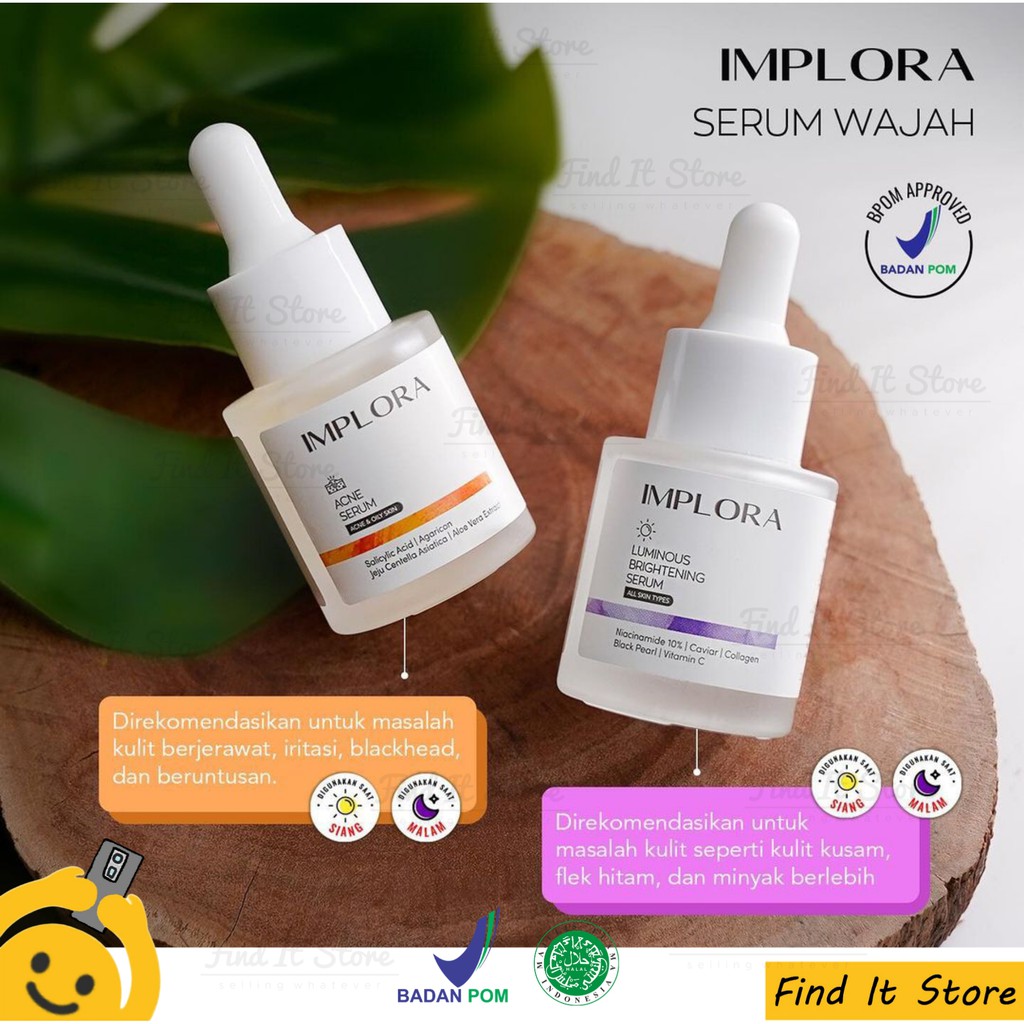 Implora Face Serum Wajah | Sunscreen | Ampoule | Brightening Acne Midnight Peeling Hydrating Serum | BPOM