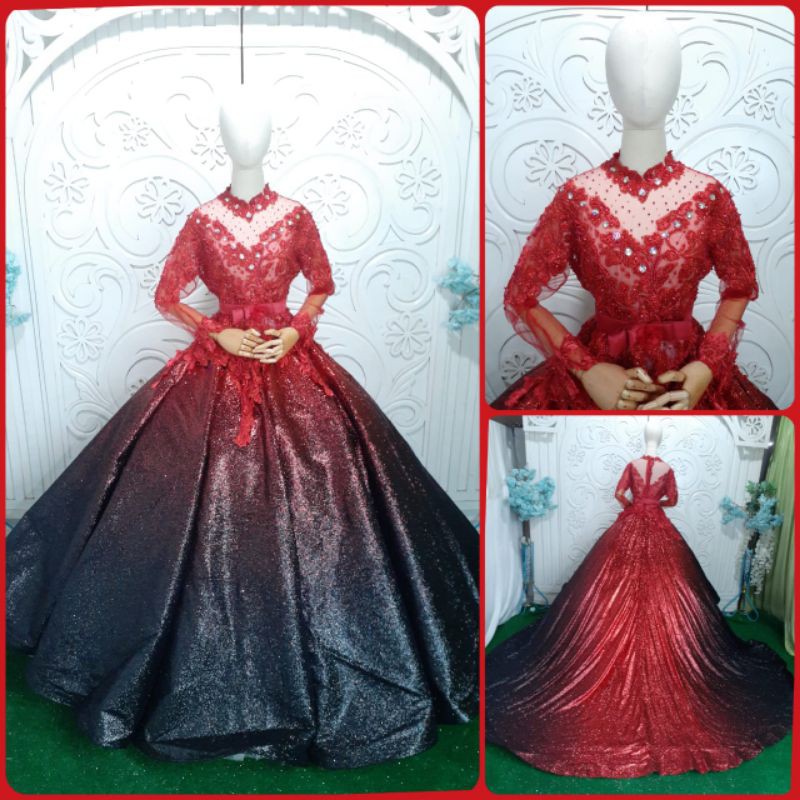 gaun wedding pengantin mewah new resepsi pernikahan murah merah maroon gown ballgown kebaya payet