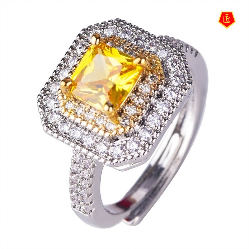 [Ready Stock]Luxury Micro-Inlaid Square Yellow Diamond Ring