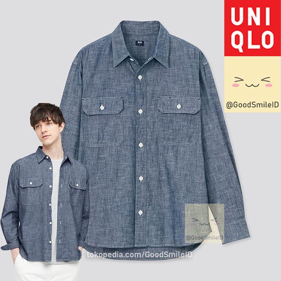 Pria-Denim-Kemeja- Kemeja Pria Uniqlo Work Chambray Lengan Panjang Biru Blue 66 436169 - S -Kemeja-