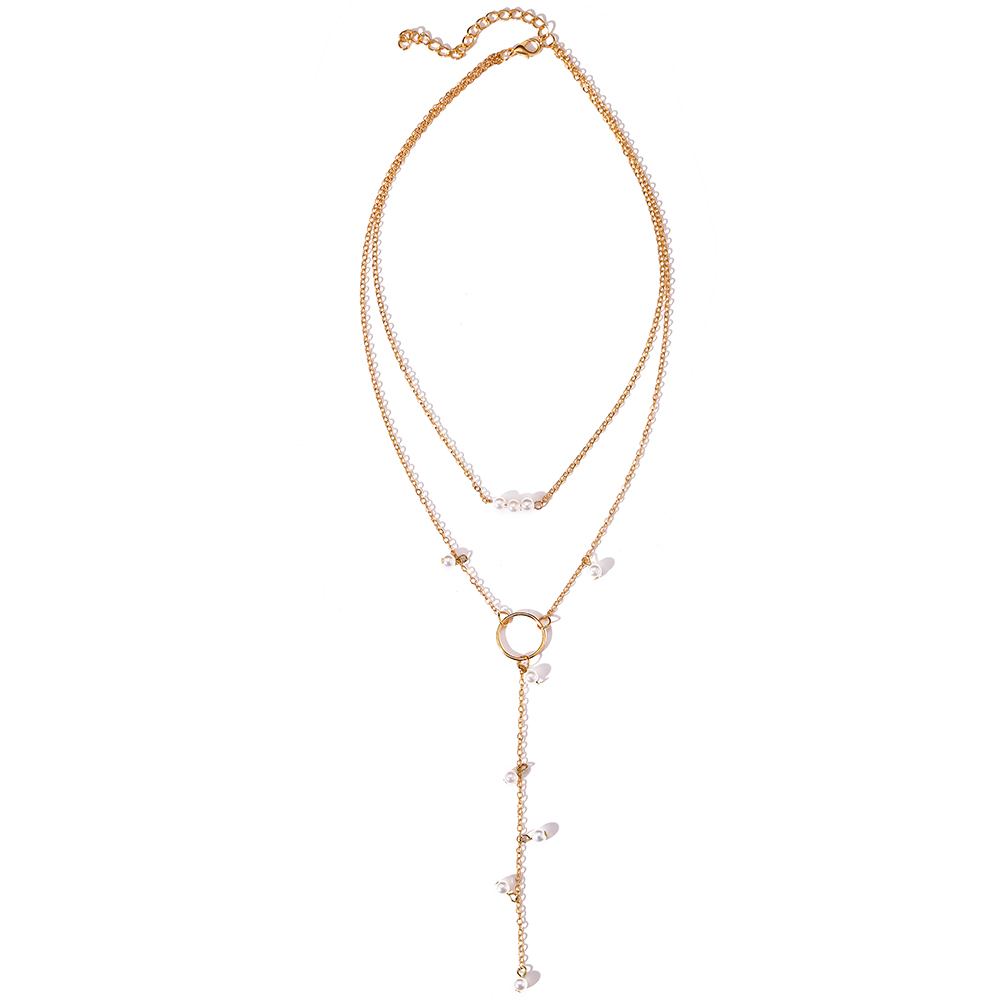 YEEZII Kalung Rantai Banyak Lapis Dengan Liontin Mutiara Warna Emas Untuk Wanita