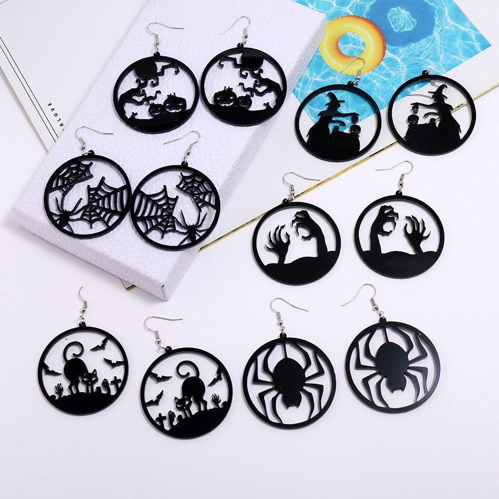 Lily Halloween Drop Earrings Hadiah Pesta Bulat Kucing Hitam Labu Spider Tangan Hallowmas Kostum Cosplay