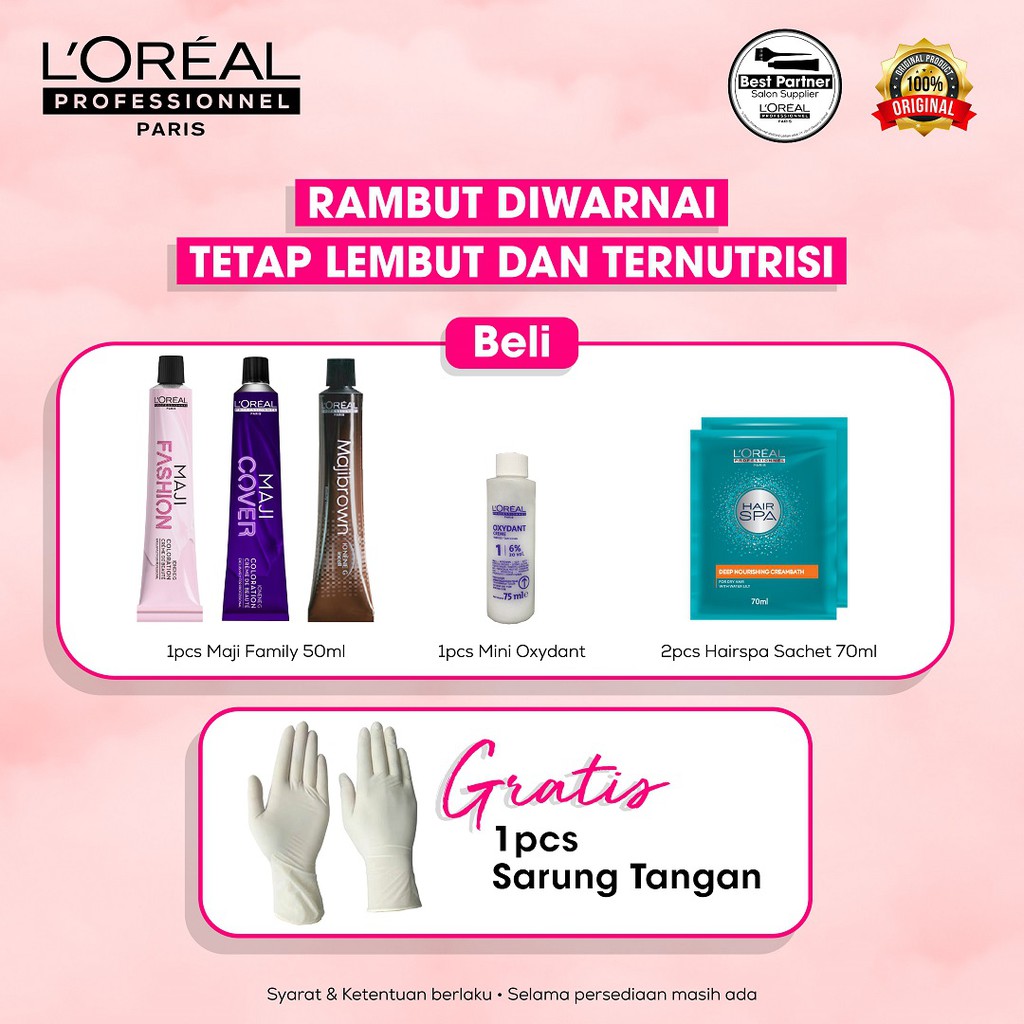 ❤️Bundling❤️ Loreal Majirel Maji Fashion 50ml + Oxydant 6% + 2xHair Spa Sachet Free Sarung Tgn Latex