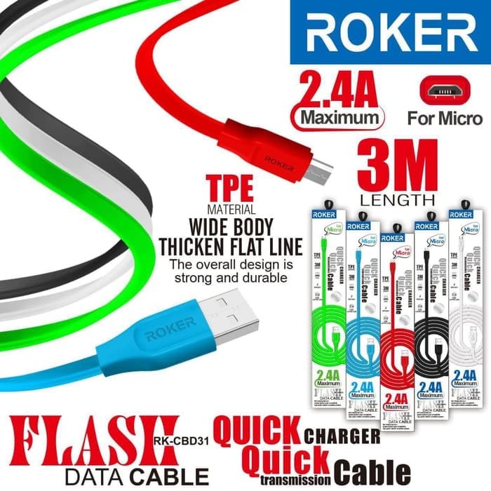 KABEL ROKER FLASH 2.4A MICRO USB PANJANG 3 METER