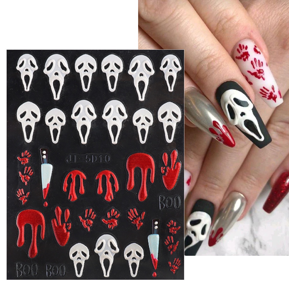 Stiker Kuku Motif Tengkorak Laba-Laba Mata Darah 5D Untuk Dekorasi Nail Art