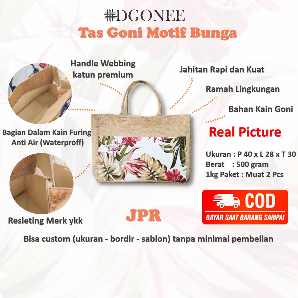 Dgonee JPR Tas Kain Goni Motif Bunga Tote Bag Totebag Belanja Kerja Kuliah Wanita Custom | JPR05