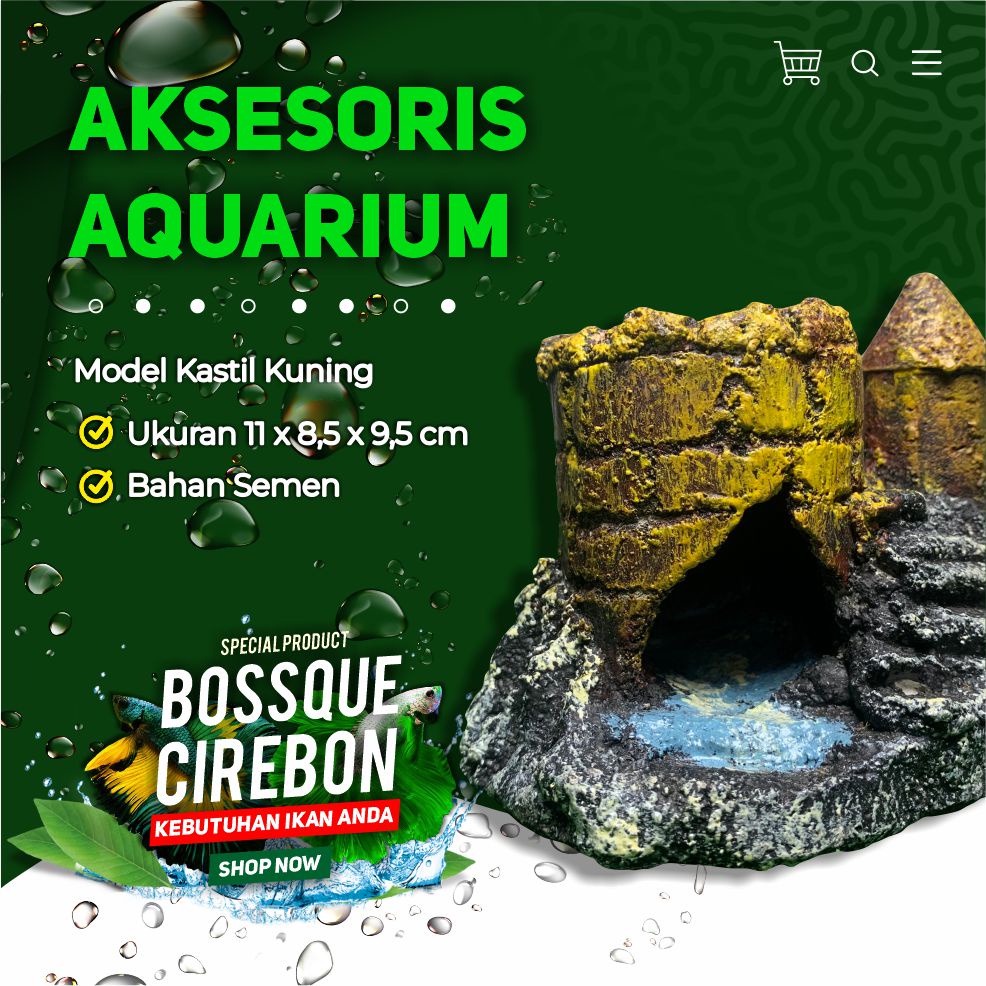 Hiasan Aquarium Ornamen Aquascape Kastil Castle Kuning Semen Bukan Resin Fiber Kuat Tahan Lama