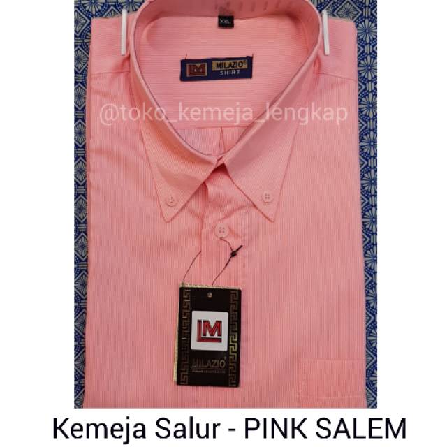 Kemeja salur streamy garis-garis vertikal warna pink salem peach lengan panjang pendek paket dasi
